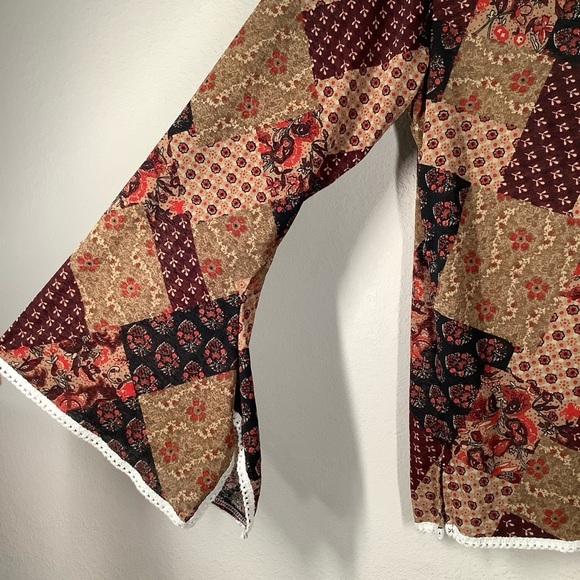 VINTAGE Plus Size Patchwork Blouse Top Brown Floral Boho Hippie Retro 70s 1X - Picture 3 of 9